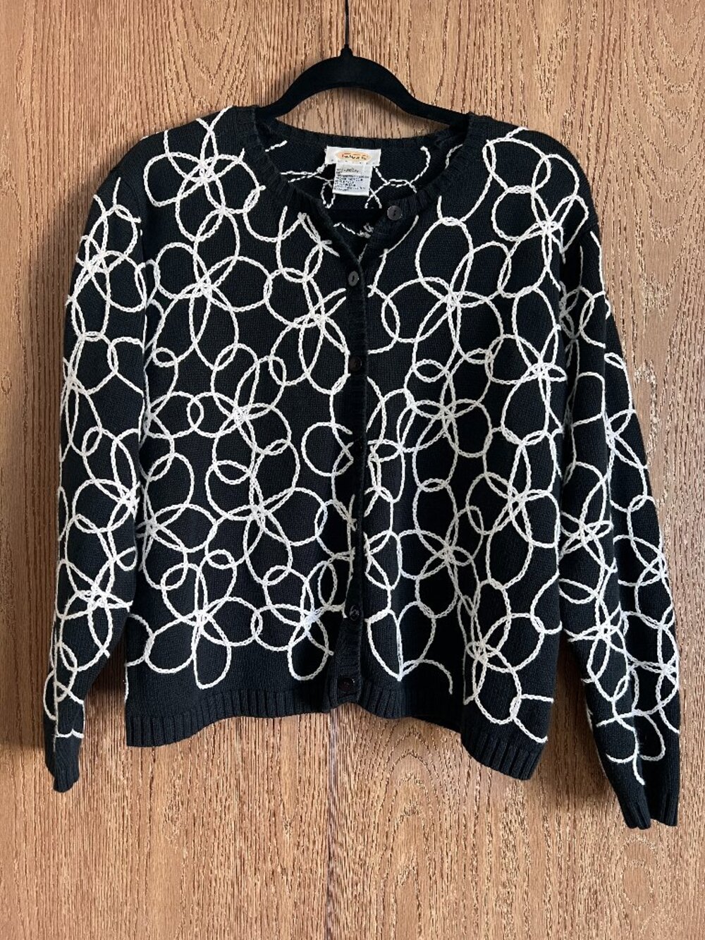 Talbots Petites Black & White Geometric Circle Whimsigoth Cardigan